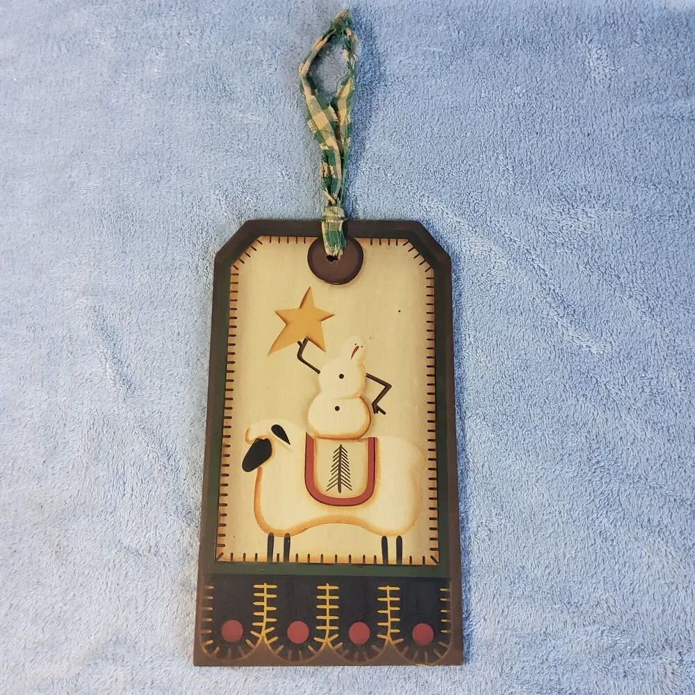 Primitive Country Wooden Luggage Tag Wall Hanging Snowman Riding Sheep Star 9